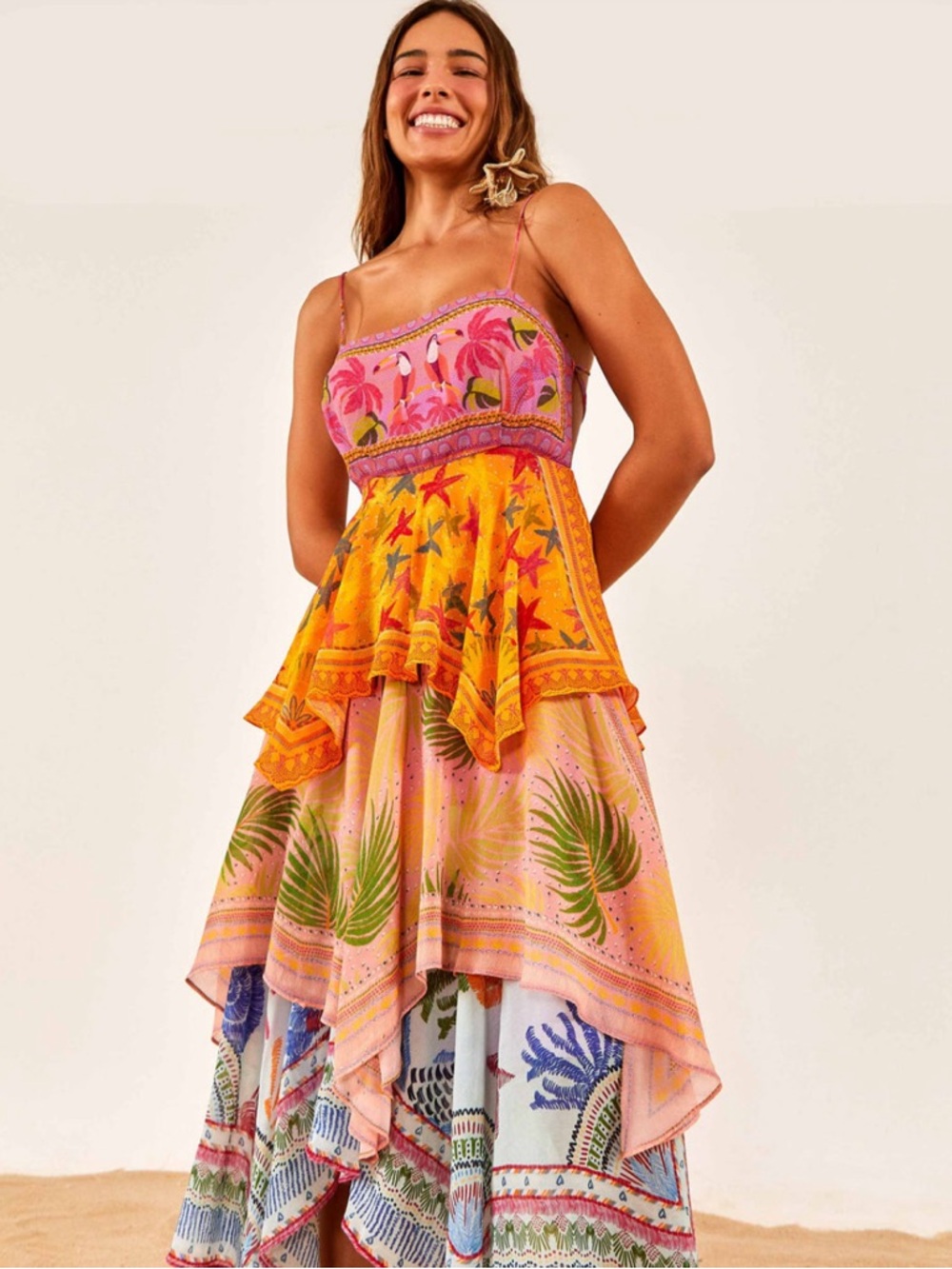 Farm Rio Mixed Scarves Midi Dress Size: M